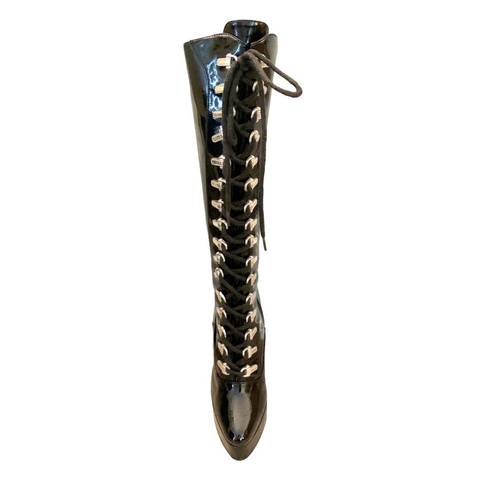Delicious Knee High Stiletto Patent Leather Black Lace Up Platform Boots 6 Troy - Picture 4 of 10